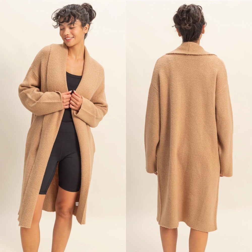 NEW Double Zero Taupe Longline Duster Cardigan Open Front Sweater Size Small